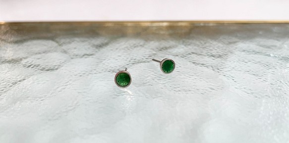 純銀小圓珐瑯耳環-黃綠透-一對 第1張的照片