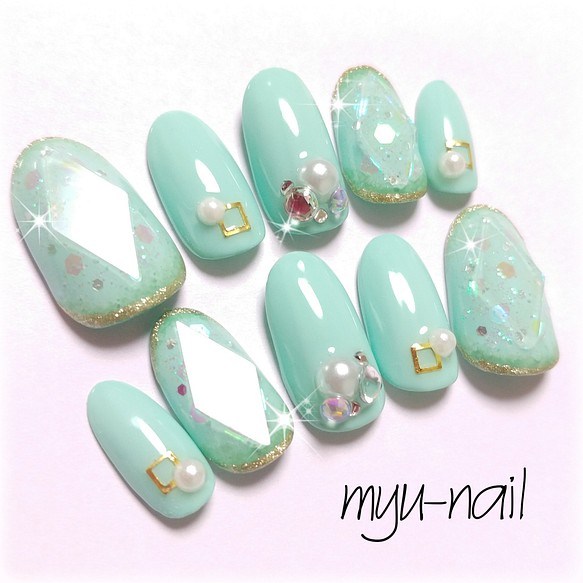 ミントカラー 宝石ネイル ネイルチップ ネイルシール Myu Nail オーダー停止中 通販 Creema クリーマ ハンドメイド 手作り クラフト作品の販売サイト