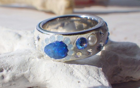 Gland Blue Opal Ring オパールとスワロフスキーのクレイリング | www