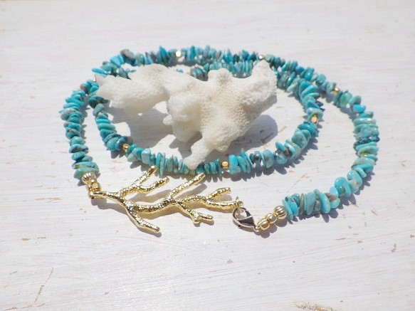 ⭐︎再販⭐︎Big Coral Leaf Turquoise Necklace& Bracelet--2way 1枚目の画像