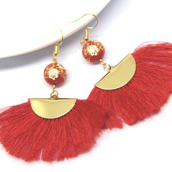【結婚耳飾, 可轉耳夾】日本入口彩繪珠 配 紅色扇形流蘇 耳環 第1張的照片