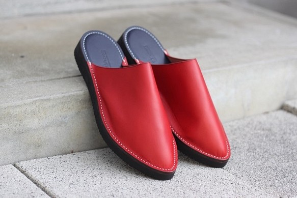 leather slippers sandals  レッド×ネイビー×Lsize／スリッパ,サンダル,レザー,ビブラム 1枚目の画像