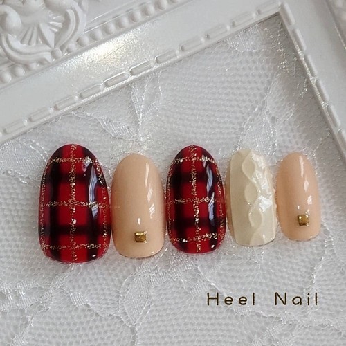 ００６ ネイルチップ ジェルネイル チェックネイル ニットネイル 冬ネイル 赤チェック ネイルチップ ネイルシール Heel Nail ꕤ ﾟ 通販 Creema クリーマ ハンドメイド 手作り クラフト作品の販売サイト