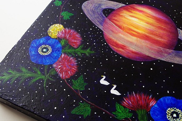 油絵 アートキャンバス「Night Flower」宇宙 土星 emmanuelfranca.com.br