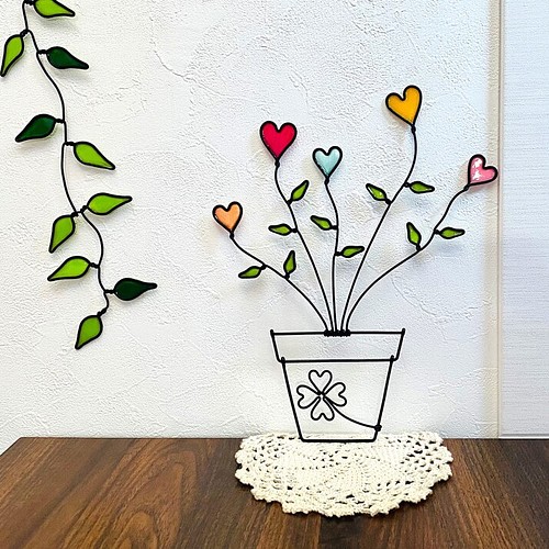 幸運の植木鉢 〜ハート〜 ワイヤークラフト アート 花 壁 飾り