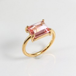 [預訂銷售]黃銅+K24gp Purikaku Morganite長方形10×8mm垂直爪環^～美麗的光芒 第1張的照片