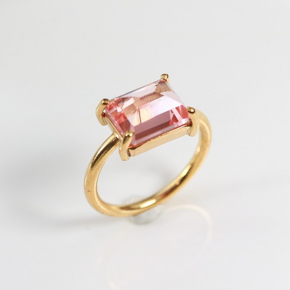 [預訂銷售]黃銅+K24gp Purikaku Morganite長方形10×8mm垂直爪環^～美麗的光芒 第1張的照片