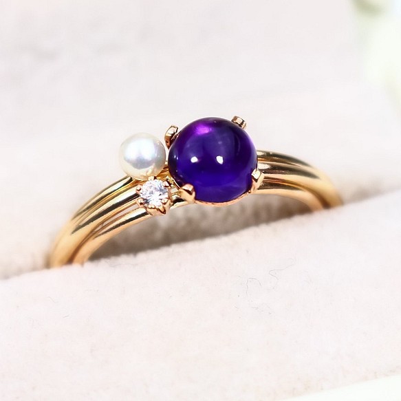 [Creema限定幸運袋]《 3件套》 14kgf 6mm紫水晶・ 2mm天然石戒指・淡水珍珠 第1張的照片