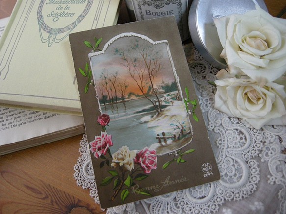 フランスアンティ－クポストカード（バラとヤドリギ） 1枚目の画像
