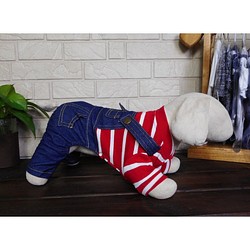 おしゃれ 可愛い ペットウエア デニム サロペット ボーダー  犬 服 ペットウエア ボーダー オーバーオール 1枚目の画像