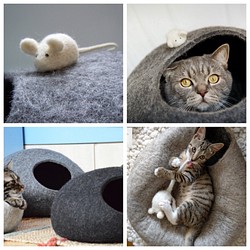 受注製作｜ネズミ付き チロリアンウール100％ フエルト ねこベッド 猫ぶくろ 1枚目の画像