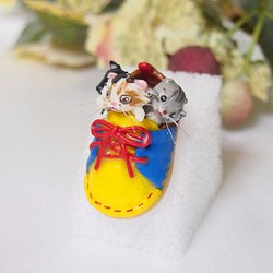 ほっしー様・オーダー作品　 小さな靴にギュウギュウ詰めの子猫&チワワちゃんブローチ(青×黄) 1枚目の画像