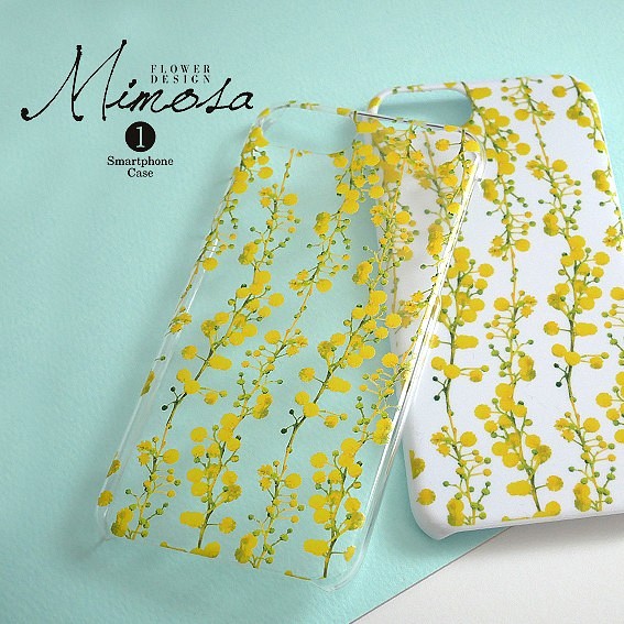 【ミモザ ① ホワイト】スマホケース mimosa 花柄 黄色 iPhone Galaxy Xperia 等 1枚目の画像