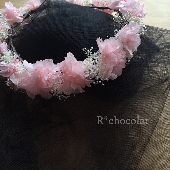 優しいピンク色の花かんむり✼∗紫陽花かすみ草プリザ ヘッドドレス