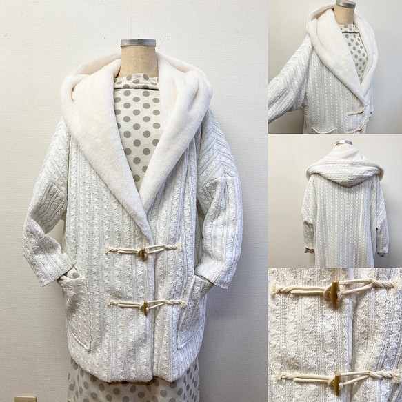 銷售價格★蓬鬆保暖❤️Duffle風格的針織大衣白色的假皮草罩（尺寸免費L〜LL） 第1張的照片
