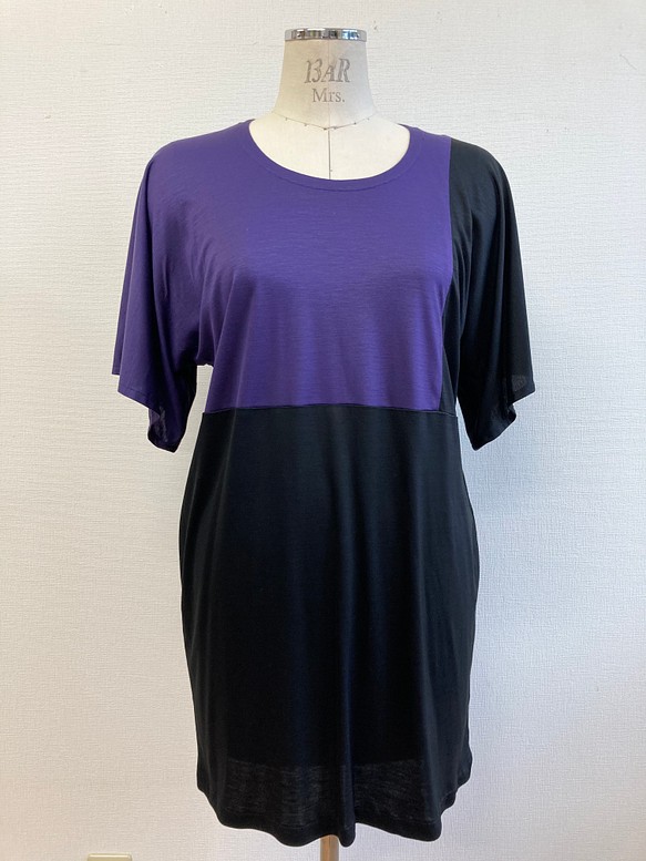 促銷價★雙色可愛❤️寬袖T卹束腰紫黑（L碼） 第1張的照片