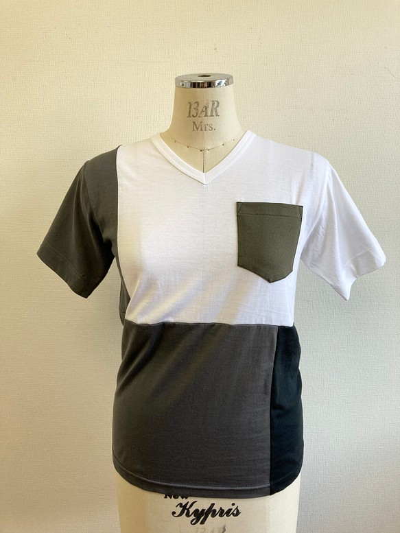 セール価格★リメイクTシャツ❤️バイカラー半袖Tシャツ　白グレー黒カーキ（サイズM） 1枚目の画像