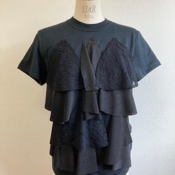 セール価格★リメイクTシャツ❤️シフォンレースの前フリルTシャツ 黒（サイズ L） 1枚目の画像