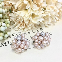 促銷價❤️淡水珍珠全粒面水鑽耳環（粉色×鍍銀） 第1張的照片