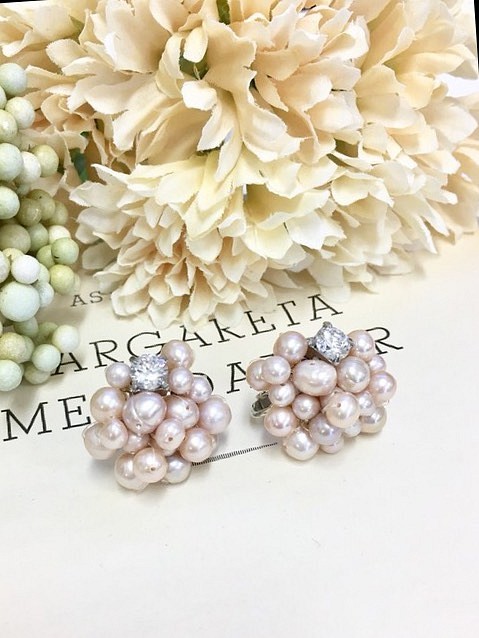 促銷價❤️淡水珍珠全粒面水鑽耳環（粉色×鍍銀） 第1張的照片