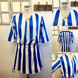 銷售價格★還建議您使用Tage服裝❤️藍色條紋V領腰圍聚攏連衣裙（尺寸免費L〜LL） 第1張的照片
