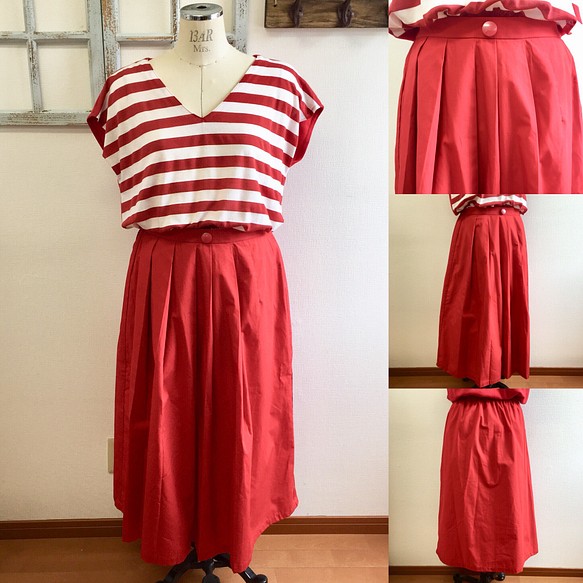 セール価格★鮮やかレッド❤️前プリーツのふんわりロングスカート 赤 （サイズフリー L〜 L L） 1枚目の画像