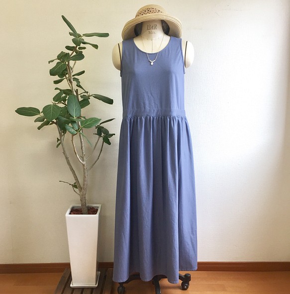銷售價格★令人耳目一新的藍色❤️棉麻針織材料無袖長連衣裙（無碼L〜LL） 第1張的照片