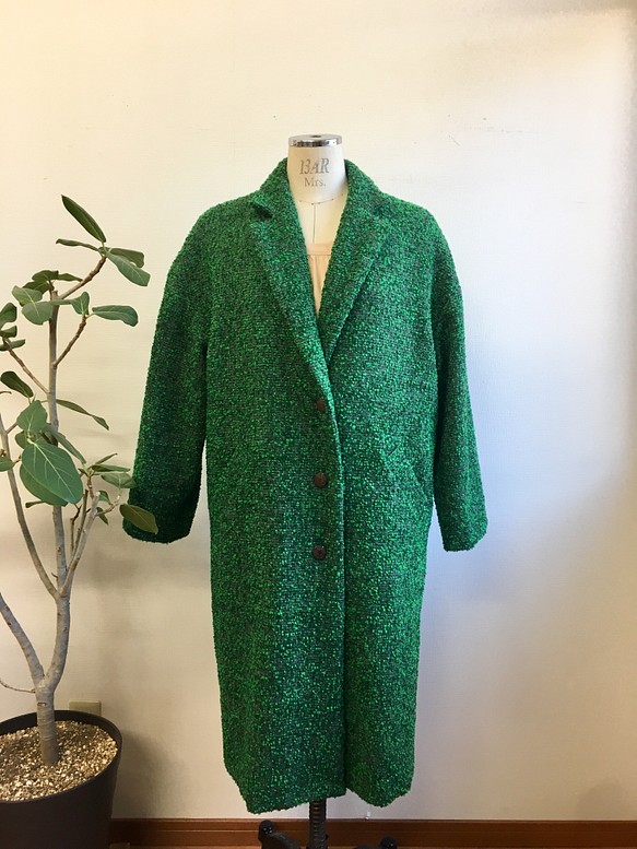 銷售價格★復古綠色❤️粗花呢編織量身定制的長外套綠色（免費L〜LL），帶襯裡 第1張的照片