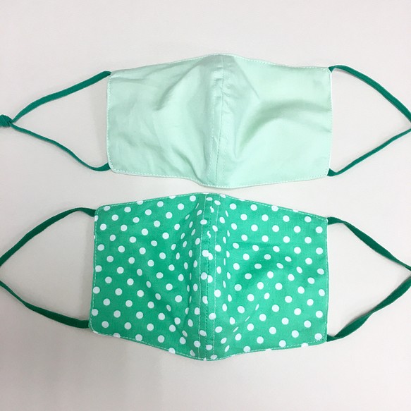 2 件套❤️棉和紗布材料 3D 口罩帶線（成人正常尺寸）祖母綠波爾卡圓點，純綠色 第1張的照片