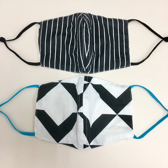 夏季口罩★2件套❤️出色的透氣性紗布材料含導線的三維口罩（成人尺寸）三角形圖案，黑色條紋 第1張的照片