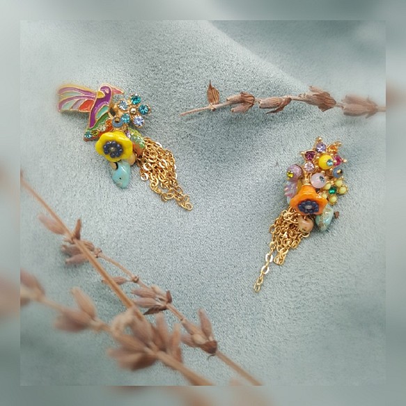 森林女神蜂鳥與花earring~可訂製螺旋夾式耳環 第1張的照片