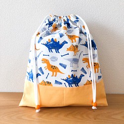 【入学・入園】恐竜柄オレンジ☆お着替え袋・体操着入れ♪巾着・裏地なし 1枚目の画像