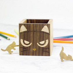 方塊動物 胡桃木拼接貓咪筆筒 收納盒 /客製化/接單訂製 第1張的照片