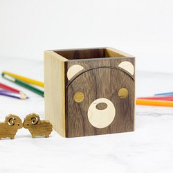 方塊動物 胡桃木拼接黑熊筆筒 收納盒 /客製化/接單訂製 第1張的照片
