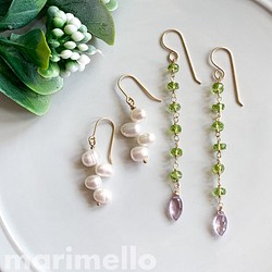 【Creema限量春季福袋】14kgf*淡水珍珠和橄欖石耳環套裝/耳環 第1張的照片