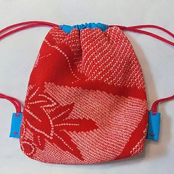 ビンテージ赤長襦袢地巾着袋 横14×縦16.5cm 1枚目の画像