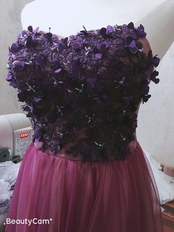 ハンドメイド美品！カラードレス パープル/紫 ベアトップ ステージ衣装 披露宴 パーティー ロングドレス 1枚目の画像