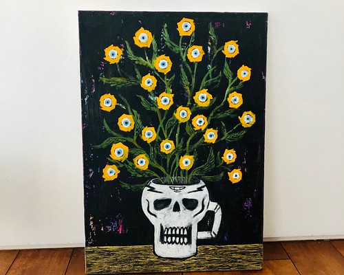 114 ☆SALE Unaltd ( skull vase with yellow flowers ) 絵画