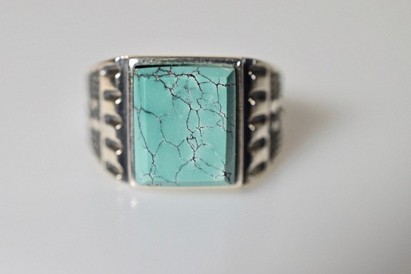 82 上品 天然 トルコ石 メンズ リング 四角 長方形 薄緑青 ターコイズ 指輪 メンズ 母の日 誕生日 フリーサイズ 指輪・リング