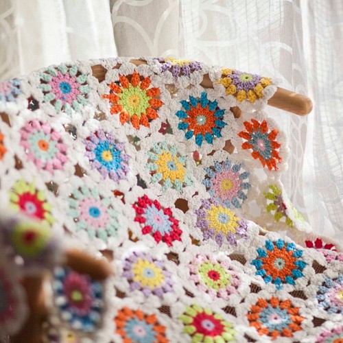 かぎ針編み お花 モチーフ編み 膝掛け❁いちごパフェ❁手作り/編み物