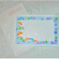 雨傘と紫陽花(あじさい)のイラスト ポストカード2枚セット　パステルアート・絵葉書 1枚目の画像