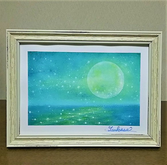 パステルアート　海辺の満月　パステル画原画 1枚目の画像