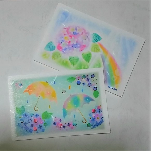 紫陽花と雨傘のポストカード4枚セット 和紙 【69%OFF!】 パステルアート 格安 価格でご提供いたします イラスト