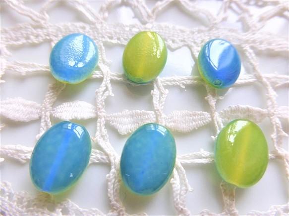 チェコビーズCzech Glass Beads楕円黄青６個 1枚目の画像