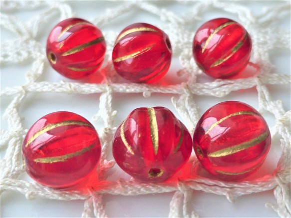 透明赤メロン　チェコビーズ　Czech Glass Beads６個 1枚目の画像