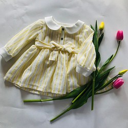 kids80-130 春季細褶緞帶連衣裙白色 x 黃色 第1張的照片