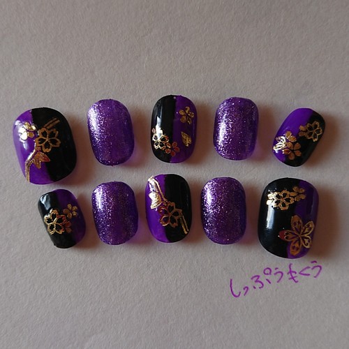 ネイルチップ 和ネイル 紫×黒 黄金桜 ネイルチップ（つけ爪） 実琴 
