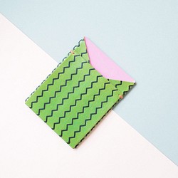 スイカ 柄) ヌメ革 パスケース 定期入れ カードホルダー 緑 + ピンク 薄型 1枚目の画像