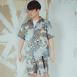 着物リメイク 半袖 アロハシャツ オープンカラーシャツ ショートパンツ セットアップ ドラゴン 龍 扇 1枚目の画像