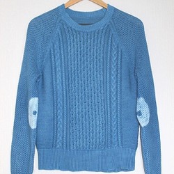 ◇天然藍 藍染◇　袖絞り　模様編みコットンセーター 1枚目の画像